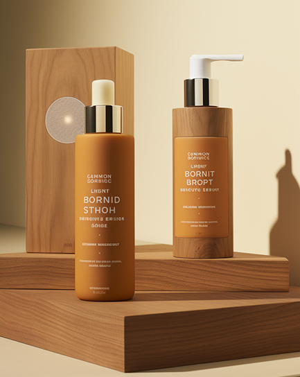 Product bottles on wooden blocks